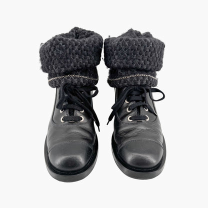 Chanel Knit Lace Up Combat Boots in Black Leather Size 42