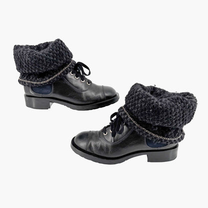 Chanel Knit Lace Up Combat Boots in Black Leather Size 42