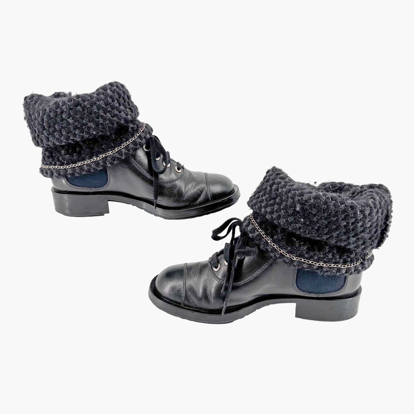 Chanel Knit Lace Up Combat Boots in Black Leather Size 42