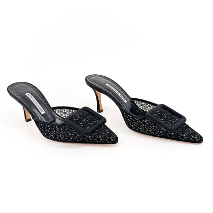 Manolo Blahnik Maysalebi 70 Mules in Black Lace with Buckle – Size 38