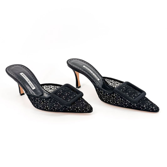 Manolo Blahnik Maysalebi 70 Mules in Black Lace with Buckle – Size 38