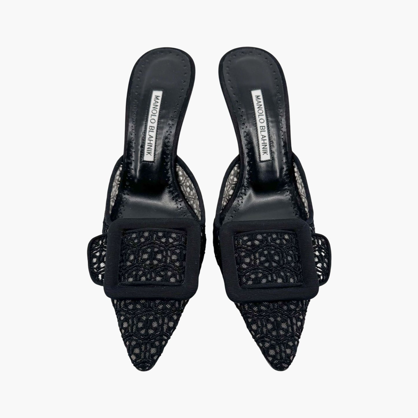 Manolo Blahnik Maysalebi 70 Mules in Black Lace with Buckle – Size 38