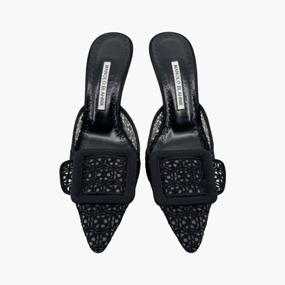Manolo Blahnik Maysalebi 70 Mules in Black Lace with Buckle – Size 38