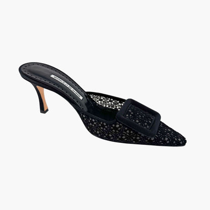Manolo Blahnik Maysalebi 70 Mules in Black Lace with Buckle – Size 38