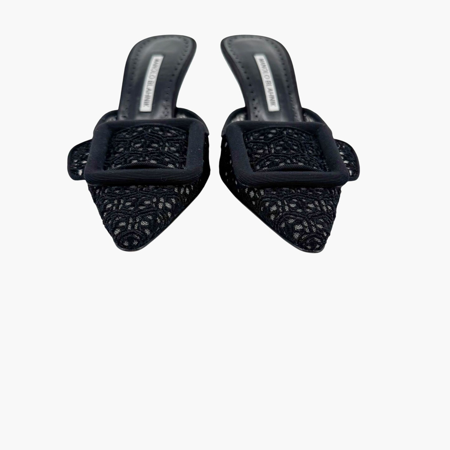 Manolo Blahnik Maysalebi 70 Mules in Black Lace with Buckle – Size 38