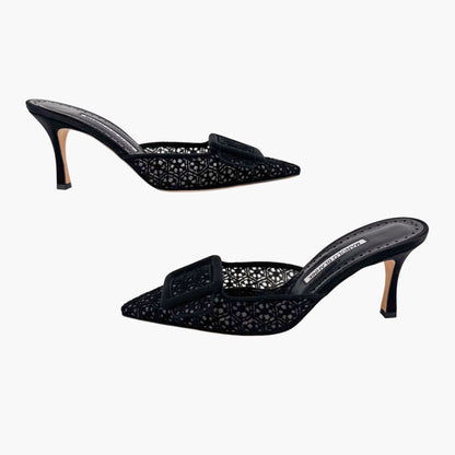 Manolo Blahnik Maysalebi 70 Mules in Black Lace with Buckle – Size 38