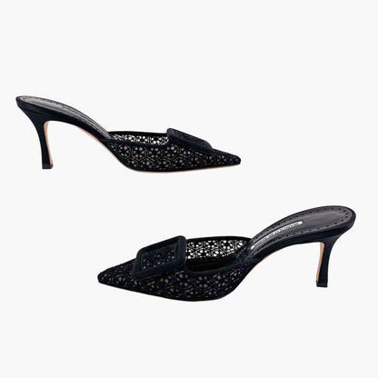 Manolo Blahnik Maysalebi 70 Mules in Black Lace with Buckle – Size 38