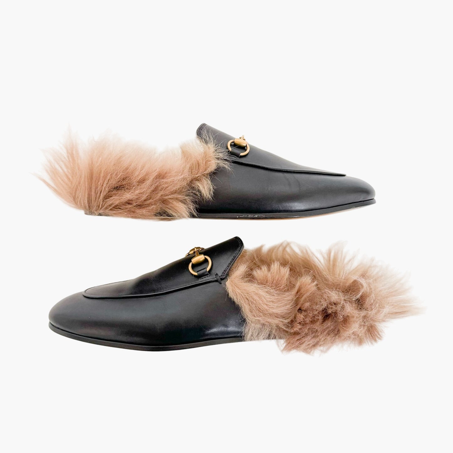 Gucci Princetown Horsebit Fur-Lined Mule in Black Leather Size 38