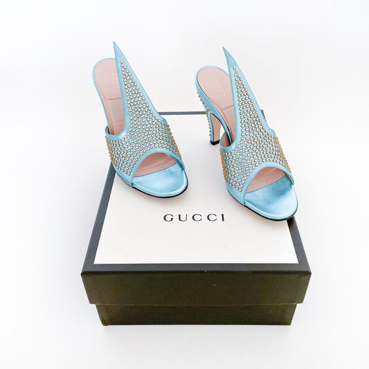 Gucci Fedra Crystal-Embellished Mules in Cielo (Metallic Blue) Size 37