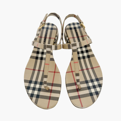 Burberry Emily T-Strap Flat Sandals in Beige Vintage Check Coated Canvas Size 37.5