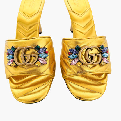 Gucci Crystal-Embellished GG Mules in Gold Matelassé Leather Size 40