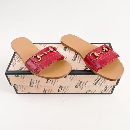 Gucci Varadero Horsebit Slide Sandals in Hibiscus Red Malaga Kid Size 36.5