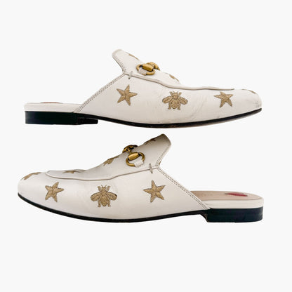 Gucci Princetown Horsebit Loafer Mule in Bee & Star Embroidered White Leather Size 37