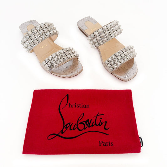 Christian Louboutin Myriadiam Flat Mule Sandals in Metallic Silver/Gold Size 38