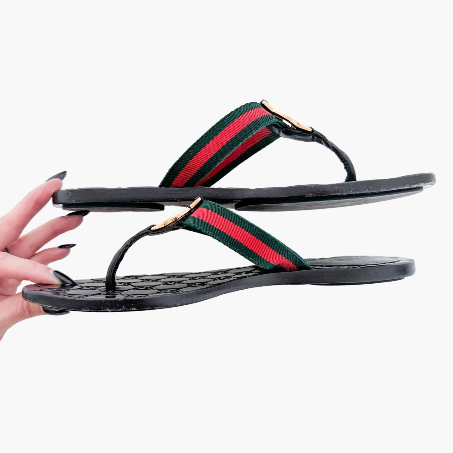 Gucci GG Web Stripe Thong Sandals in Black Size 37.5