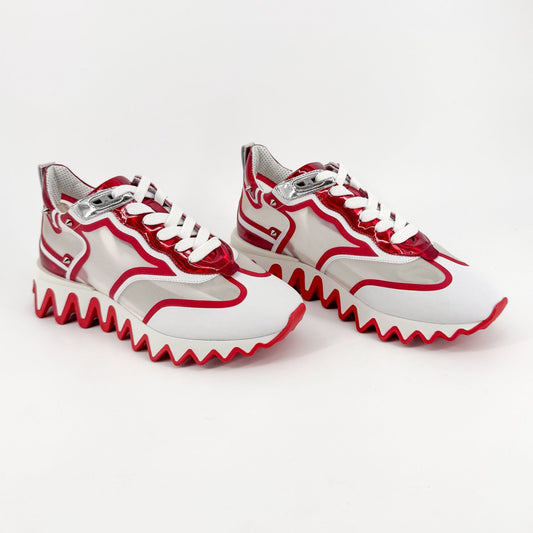 Christian Louboutin Sharkina Sneakers in White Mesh & Red Patent Leather – Size 39
