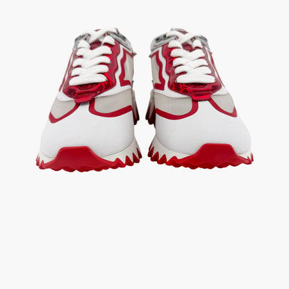 Christian Louboutin Sharkina Sneakers in White Mesh & Red Patent Leather – Size 39