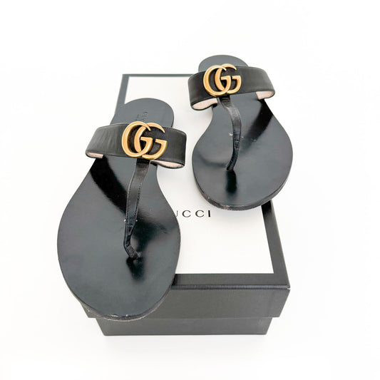 Gucci Marmont GG Thong Sandals in Black Leather Size 41