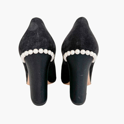 Chanel CC Cap Toe Pearl Block Heel Pumps in Black Suede Size 37.5