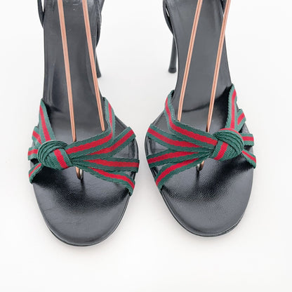 Gucci Mirabelle Knotted Web Stripe Sandals in Black/Green/Red Size 9.5