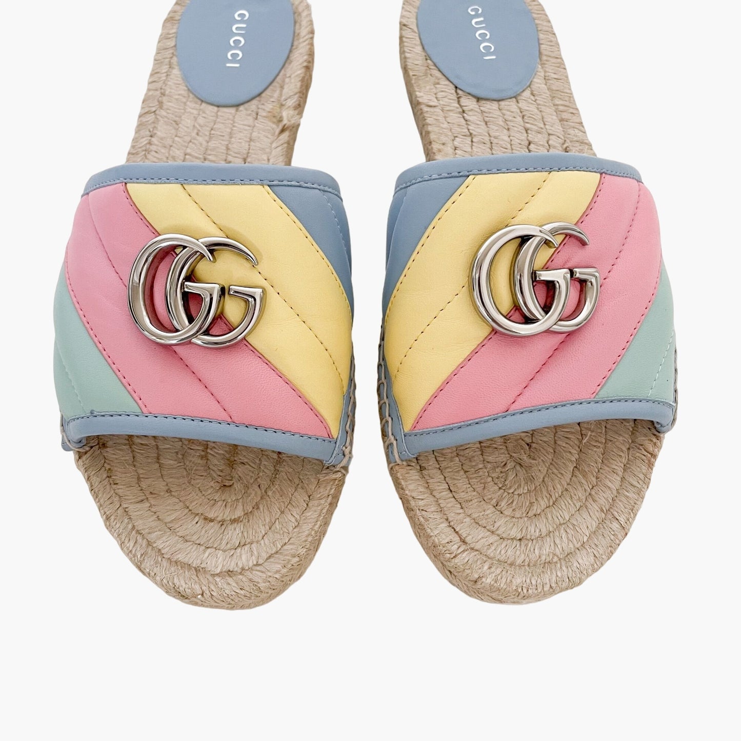 Gucci Pilar Marmont Espadrille Slides in Mutlicolor Pastel Stripe Size 38