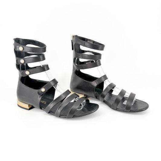 Chanel Pearl Gladiator Flat Sandals in Black Leather Size 37.5