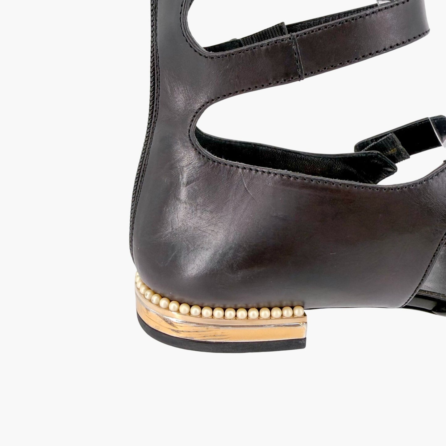 Chanel Pearl Gladiator Flat Sandals in Black Leather Size 37.5