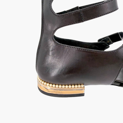 Chanel Pearl Gladiator Flat Sandals in Black Leather Size 37.5