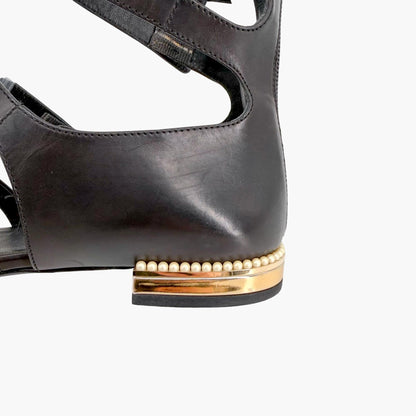 Chanel Pearl Gladiator Flat Sandals in Black Leather Size 37.5
