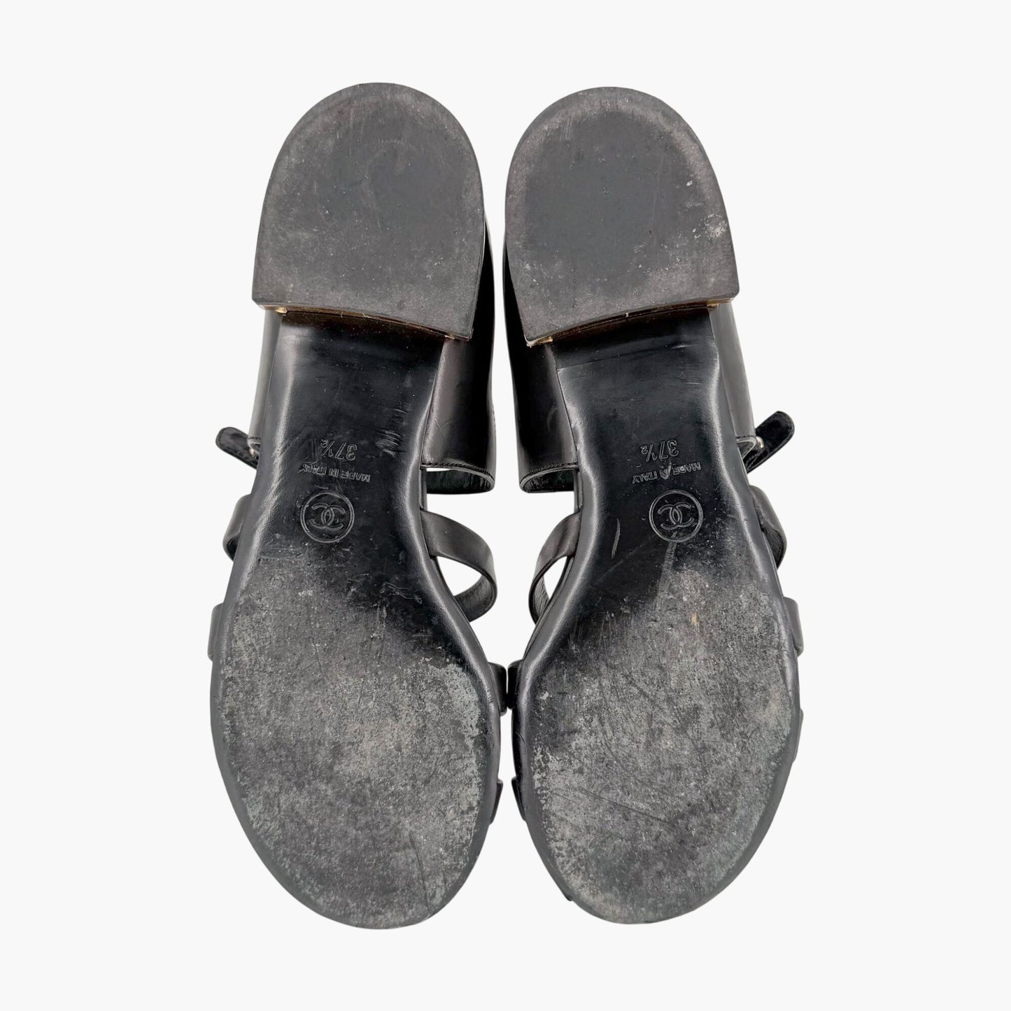 Chanel Pearl Gladiator Flat Sandals in Black Leather Size 37.5