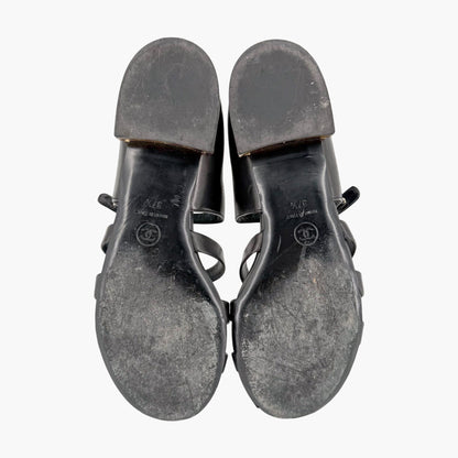 Chanel Pearl Gladiator Flat Sandals in Black Leather Size 37.5
