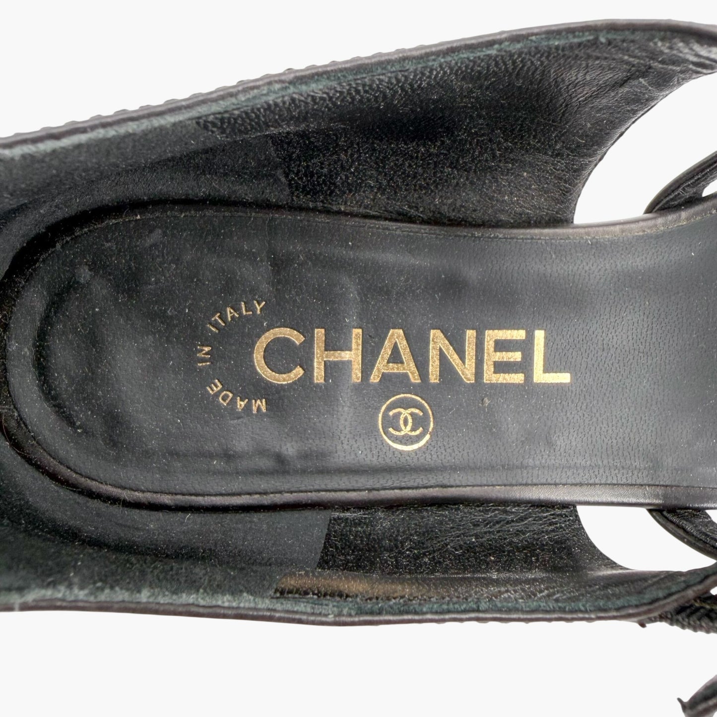 Chanel Pearl Gladiator Flat Sandals in Black Leather Size 37.5