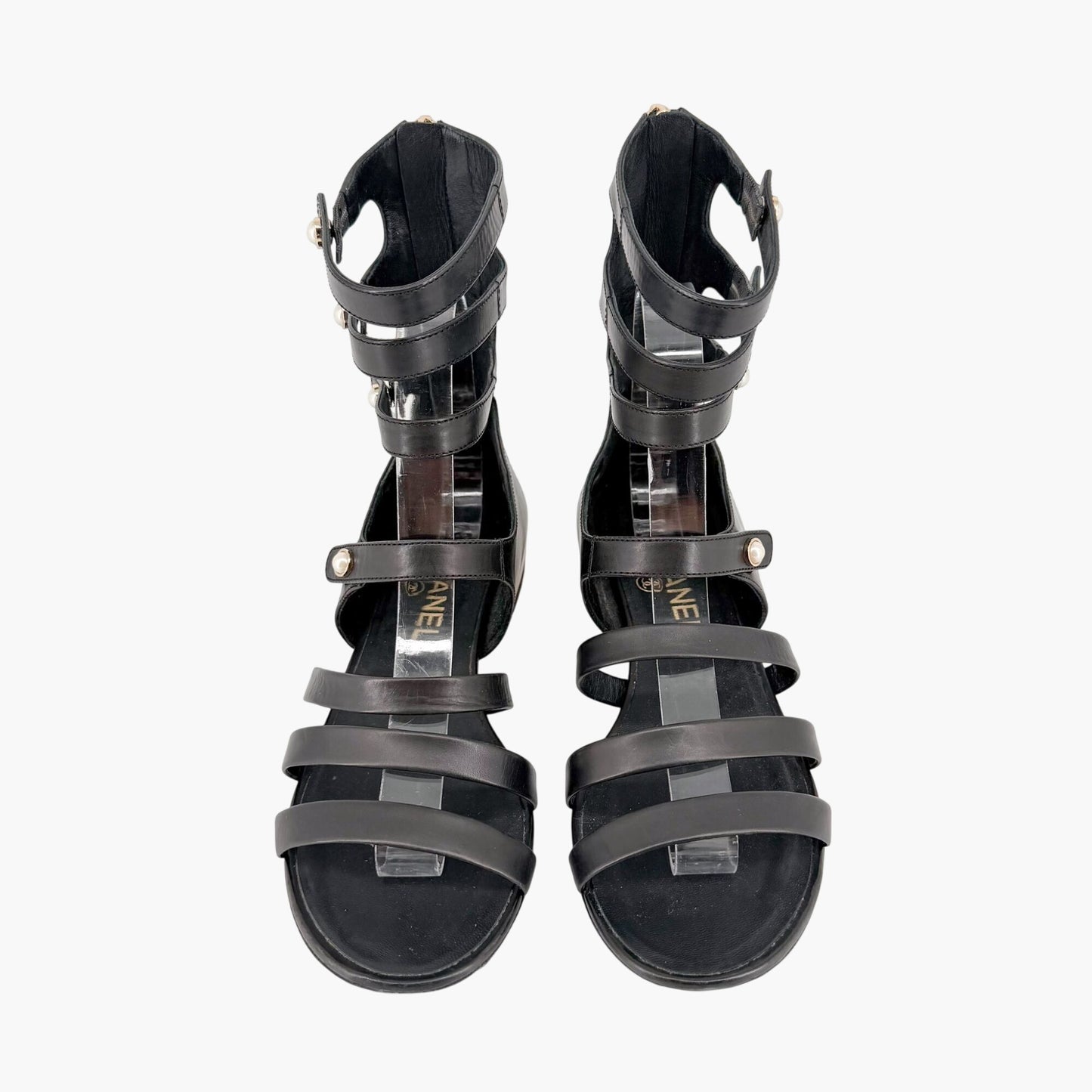Chanel Pearl Gladiator Flat Sandals in Black Leather Size 37.5