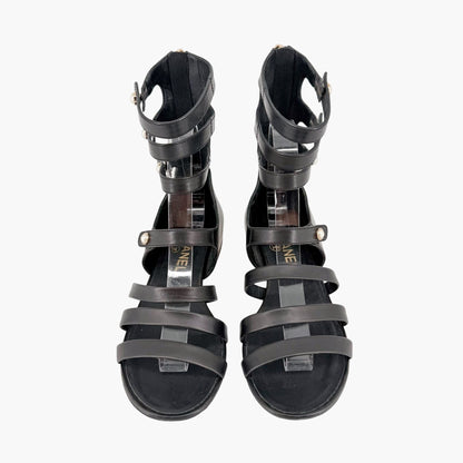 Chanel Pearl Gladiator Flat Sandals in Black Leather Size 37.5