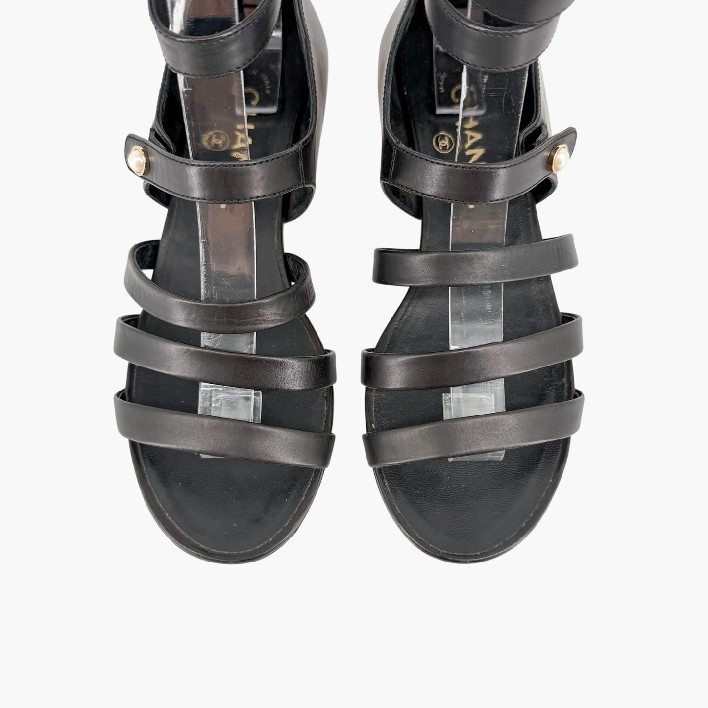 Chanel Pearl Gladiator Flat Sandals in Black Leather Size 37.5