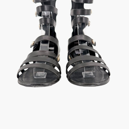 Chanel Pearl Gladiator Flat Sandals in Black Leather Size 37.5
