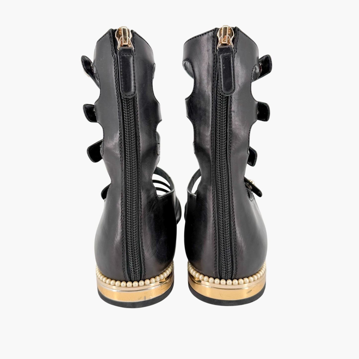 Chanel Pearl Gladiator Flat Sandals in Black Leather Size 37.5