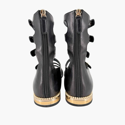 Chanel Pearl Gladiator Flat Sandals in Black Leather Size 37.5