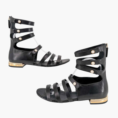 Chanel Pearl Gladiator Flat Sandals in Black Leather Size 37.5