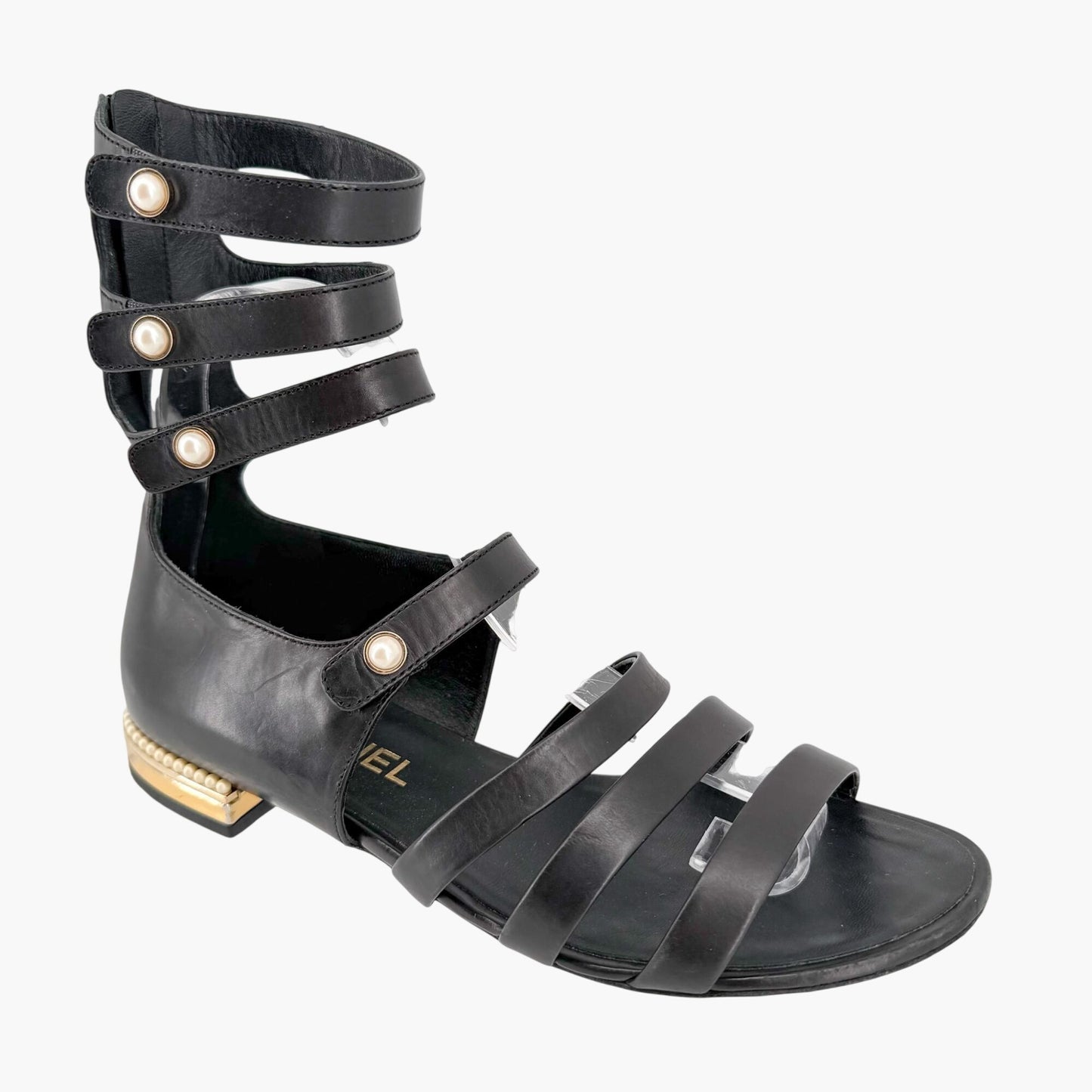 Chanel Pearl Gladiator Flat Sandals in Black Leather Size 37.5