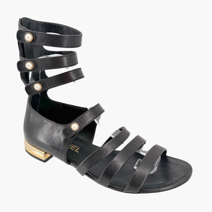 Chanel Pearl Gladiator Flat Sandals in Black Leather Size 37.5
