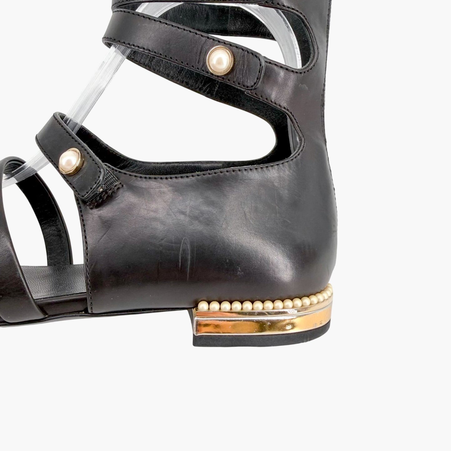 Chanel Pearl Gladiator Flat Sandals in Black Leather Size 37.5