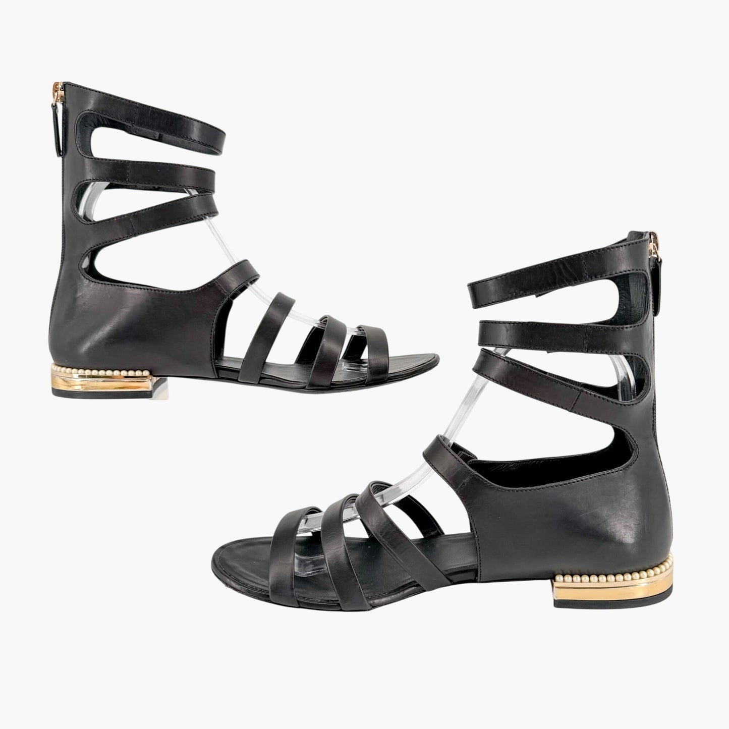 Chanel Pearl Gladiator Flat Sandals in Black Leather Size 37.5