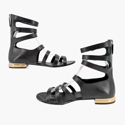 Chanel Pearl Gladiator Flat Sandals in Black Leather Size 37.5