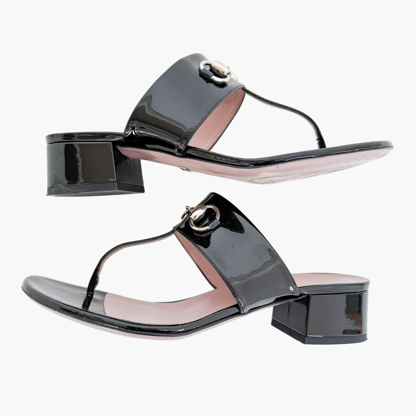 Gucci Lilane Horsebit Low Block Heel Thong Sandals in Black Patent Leather Size 37.5