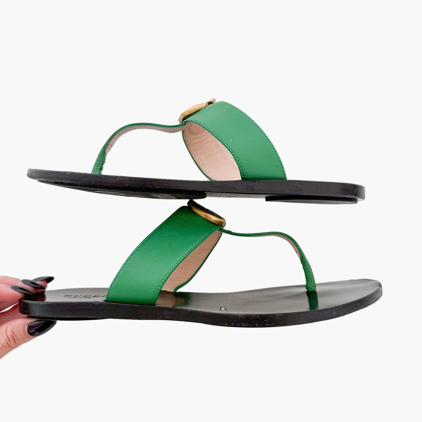 Gucci Marmont GG Thong Sandals in Green Leather Size 37