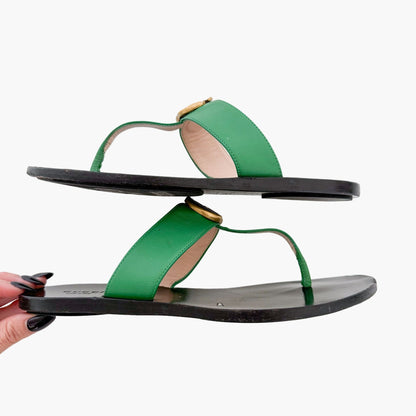 Gucci Marmont GG Thong Sandals in Green Leather Size 37