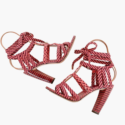 Jimmy Choo Trix 100mm Woven Ankle-Wrap Sandals in Coral Pink Size 38