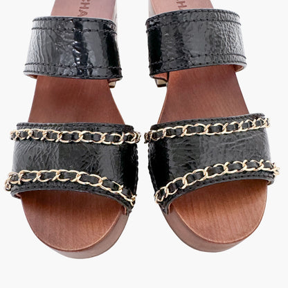 Chanel Chain-Embellished Wooden Mule Sandals in Black Patent Leather Size 39