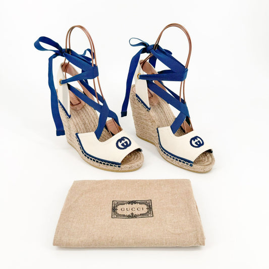 Gucci Judit GG Espadrille Wedge Sandals in Beige & Blue Canvas Size 38.5